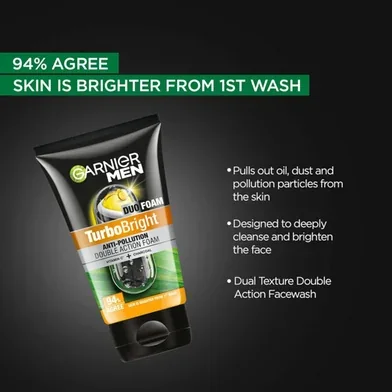 Garnier Men Turbo Bright Anti-Pollution Double Action Face Wash 100g